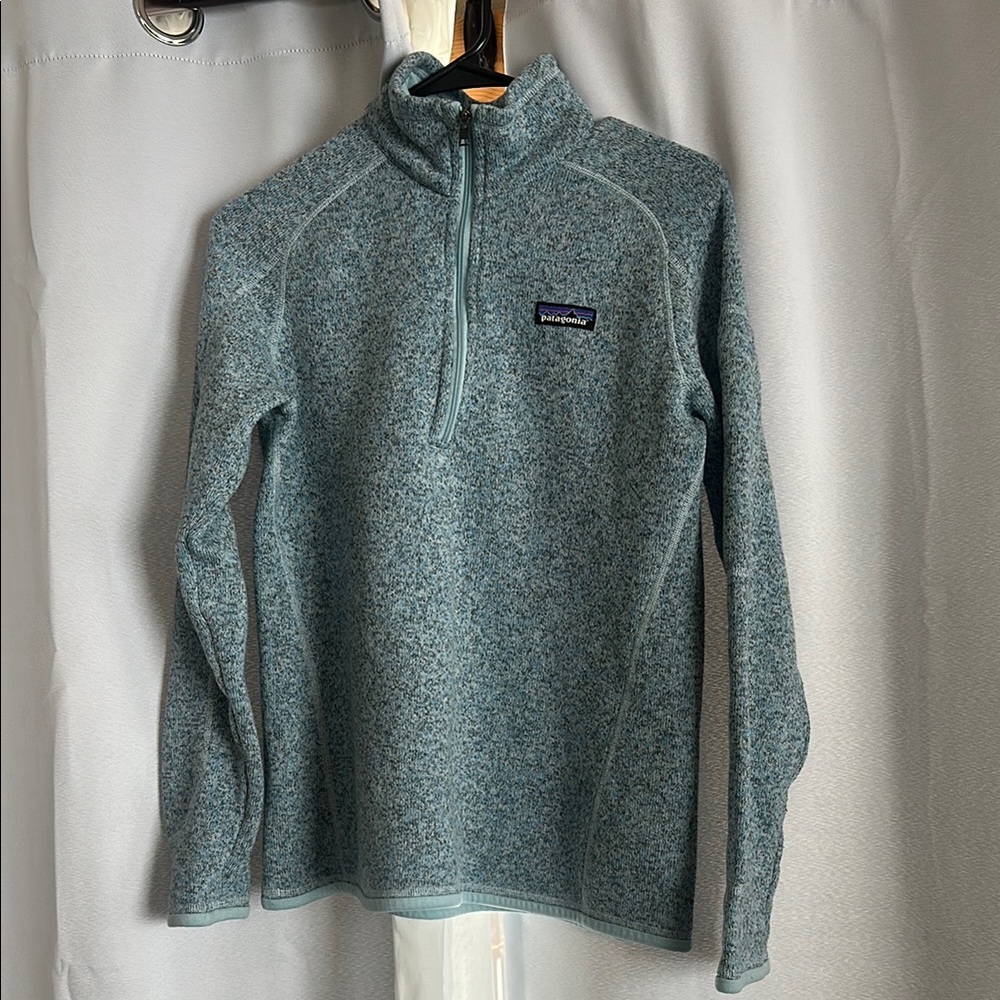 Patagonia Blue Cowl Neck Sweater with High Collar and Quarter-Zip